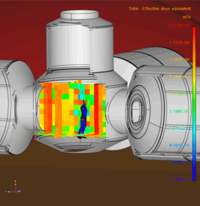 Figure 21 : Mapping of the central module of the Martian habitat. Mappings allow to identify critical areas in terms of radiation related outputs (here the effective dose equivalent).